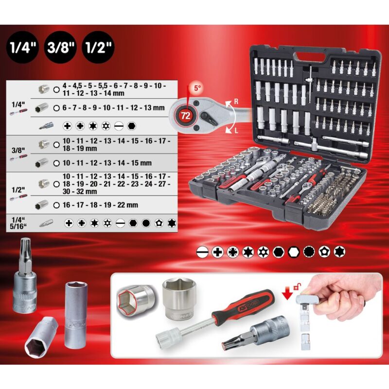 KS Tools 1/4 Zoll+3/8 Zoll+1/2 Zoll Steckschlüssel-Satz, 195-tlg.