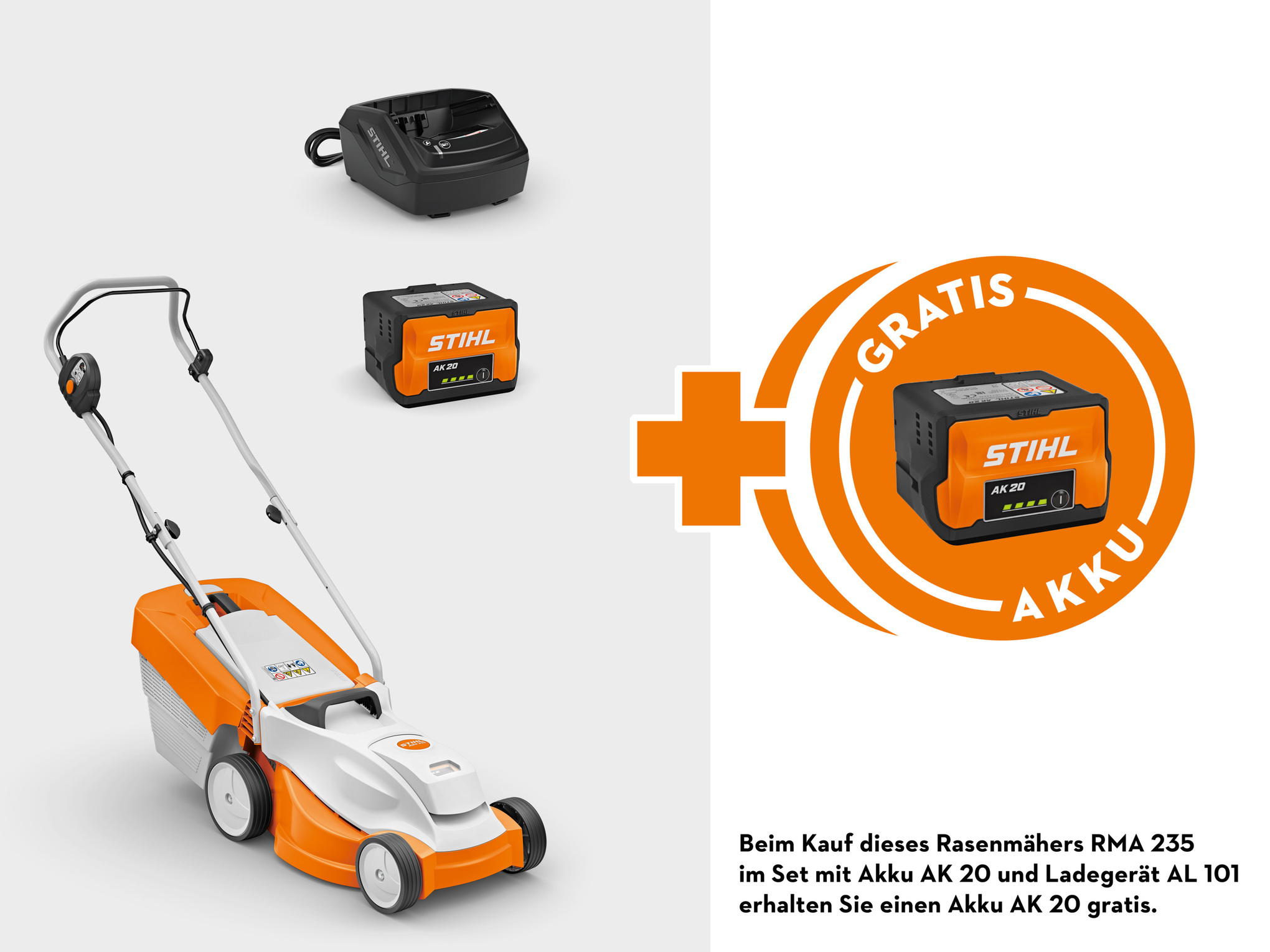 Stihl RMA 235 mit Akku AK 20 und Ladegerät AL 101 Rasenmäher